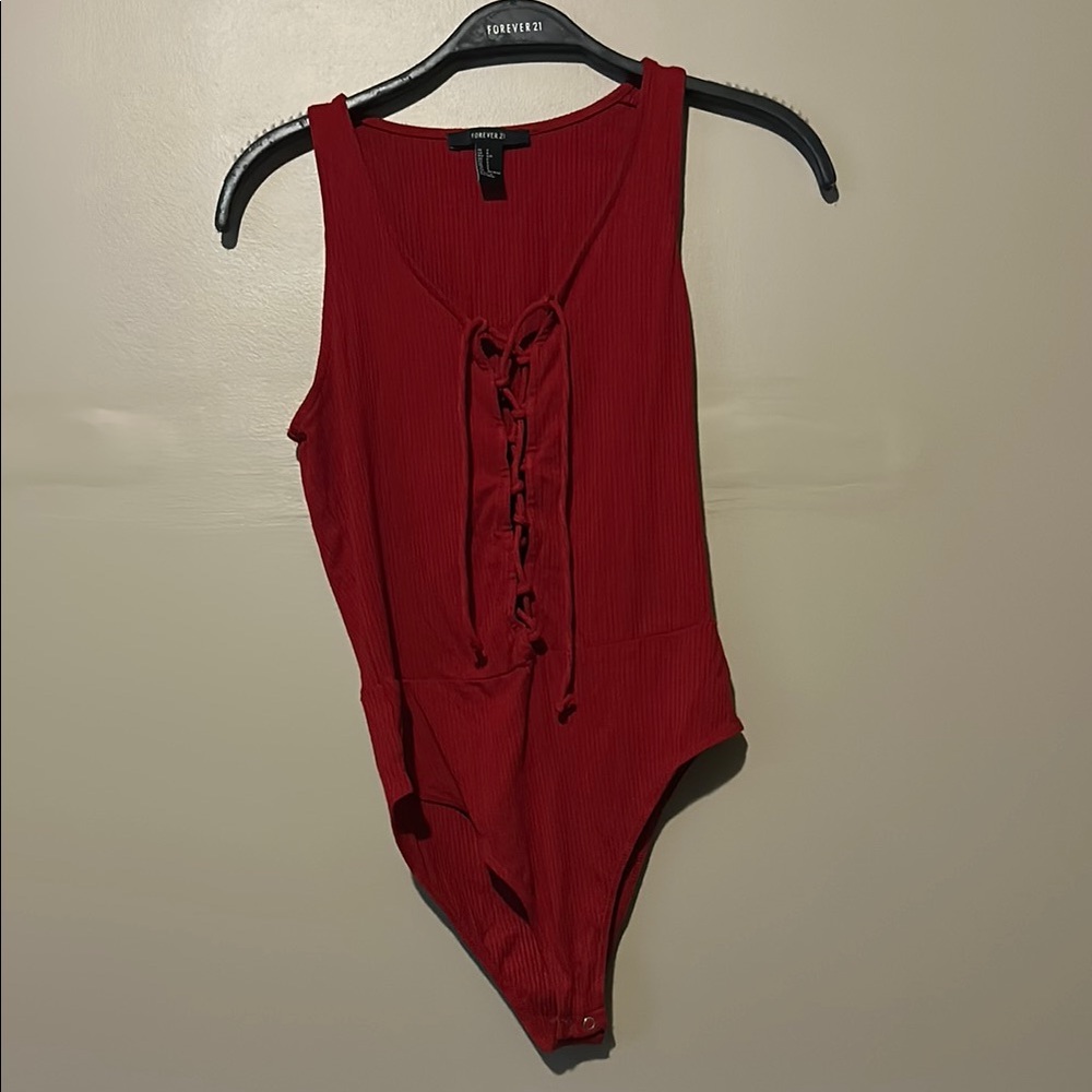 Forever 21 Red Sleeveless Bodysuit Tie Front V neck